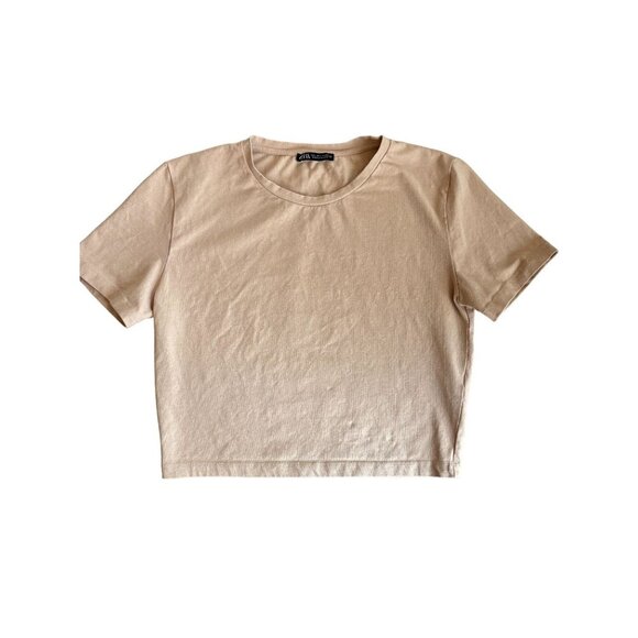 Zara Beige Crop Top Womens Size L Cotton Blend Short Sleeve - Picture 1 of 3